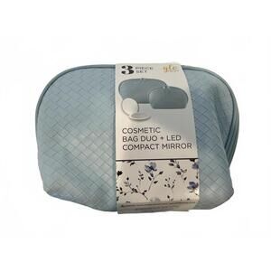 Glo Tech 3-Piece Cosmetic Bag Duo with LED Compact Mirror - Light Blue